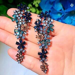 Blue Sapphire, Citrine, Aquamarine Gemstone Dangle Cubic Zirconia Earrings